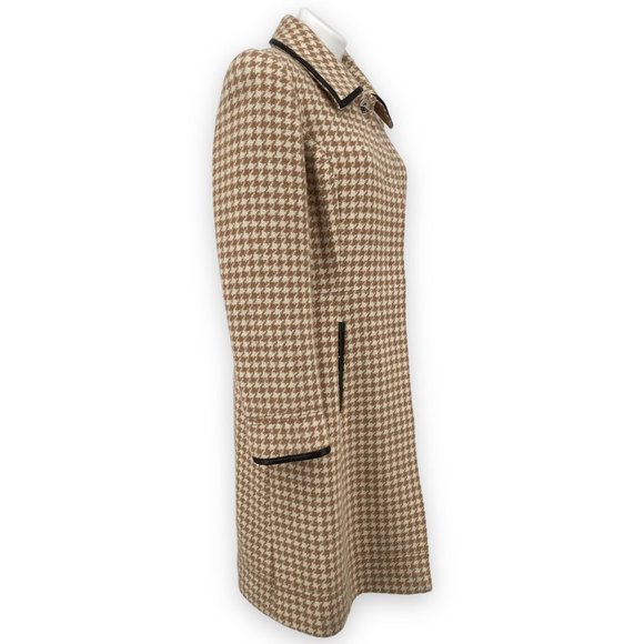 Vintage Coach Houndstooth Wool & Leather Womens Coat / Fully Lined / Large Tan - Picture 7 of 13